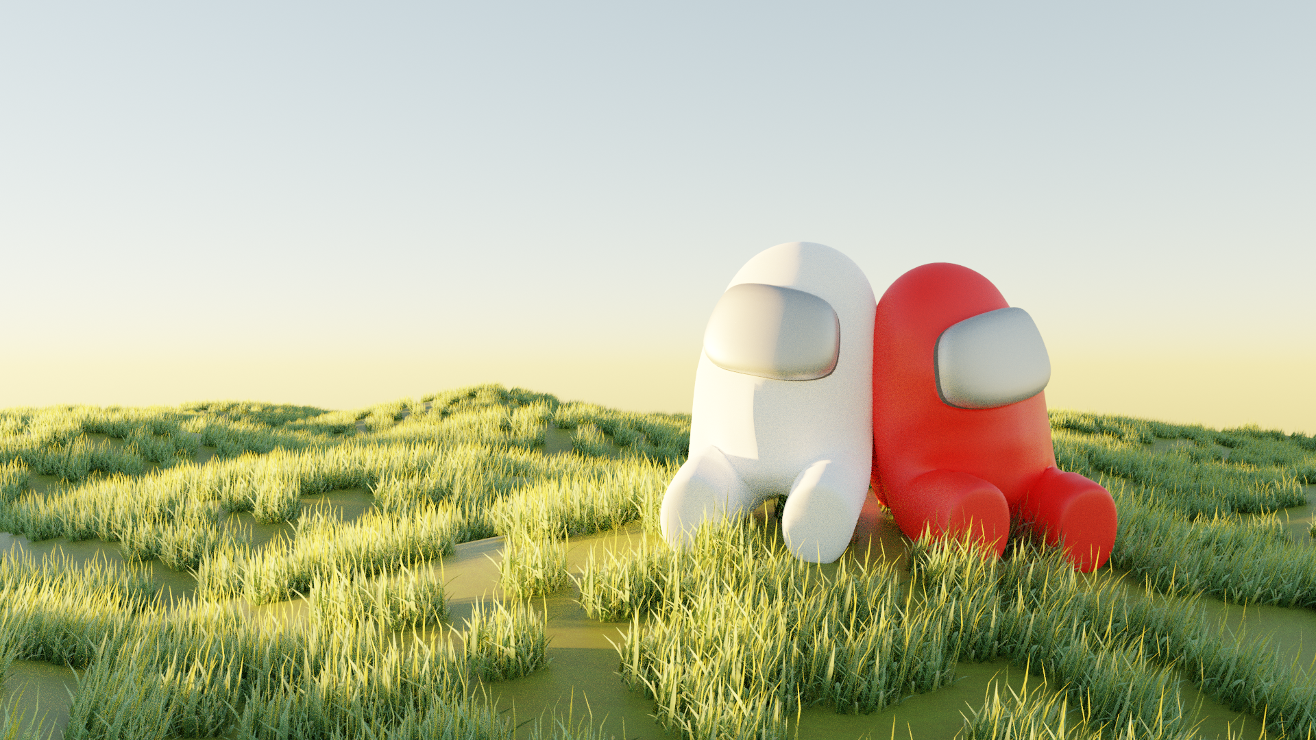 HD PC desktop wallpaper featuring two Among Us characters, one white and one red, sitting back-to-back in a sunlit grassy field under a clear sky.
