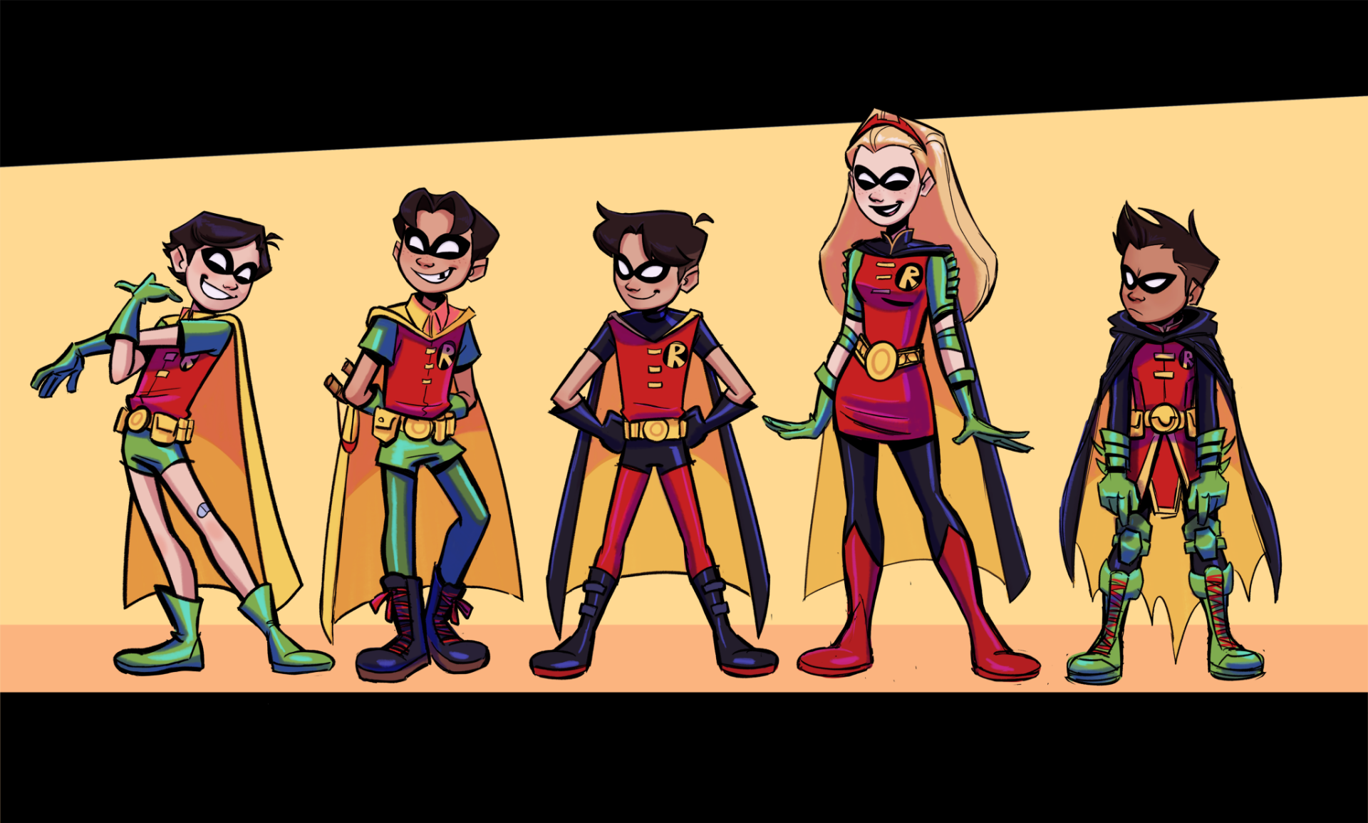 HD desktop wallpaper featuring Damian Wayne, Stephanie Brown, Tim Drake, Jason Todd, and Dick Grayson as Robin from DC Comics in a vibrant, comic-style illustration.