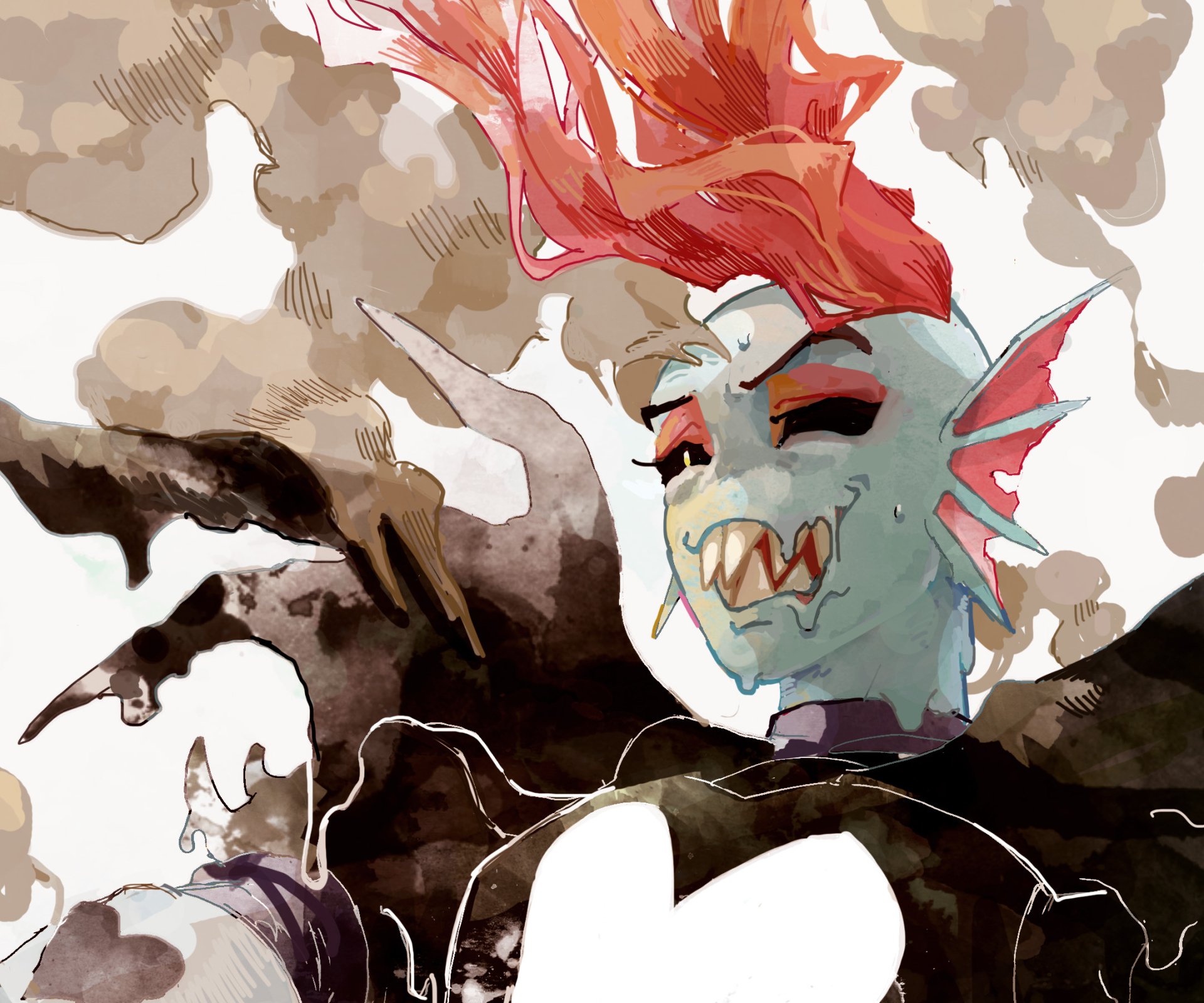 HD PC desktop wallpaper and background of Undyne (Undertale): stylized close-up portrait with red hair, jagged teeth and ink-splattered backdrop — Undertale video game fan art.