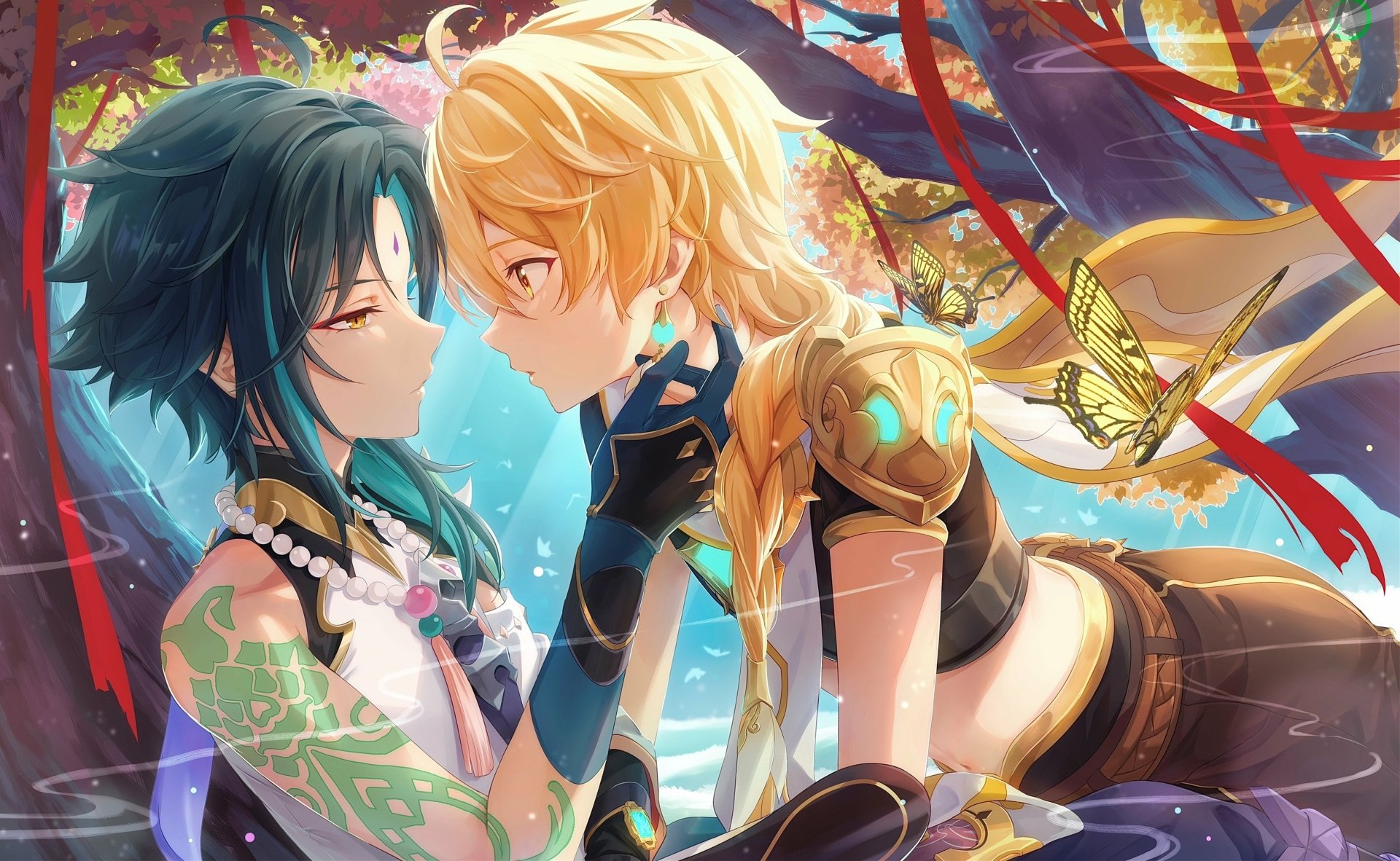 HD PC desktop wallpaper featuring Xiao and Aether from the video game Genshin Impact in an intimate, vibrant autumn setting with glowing butterflies.
