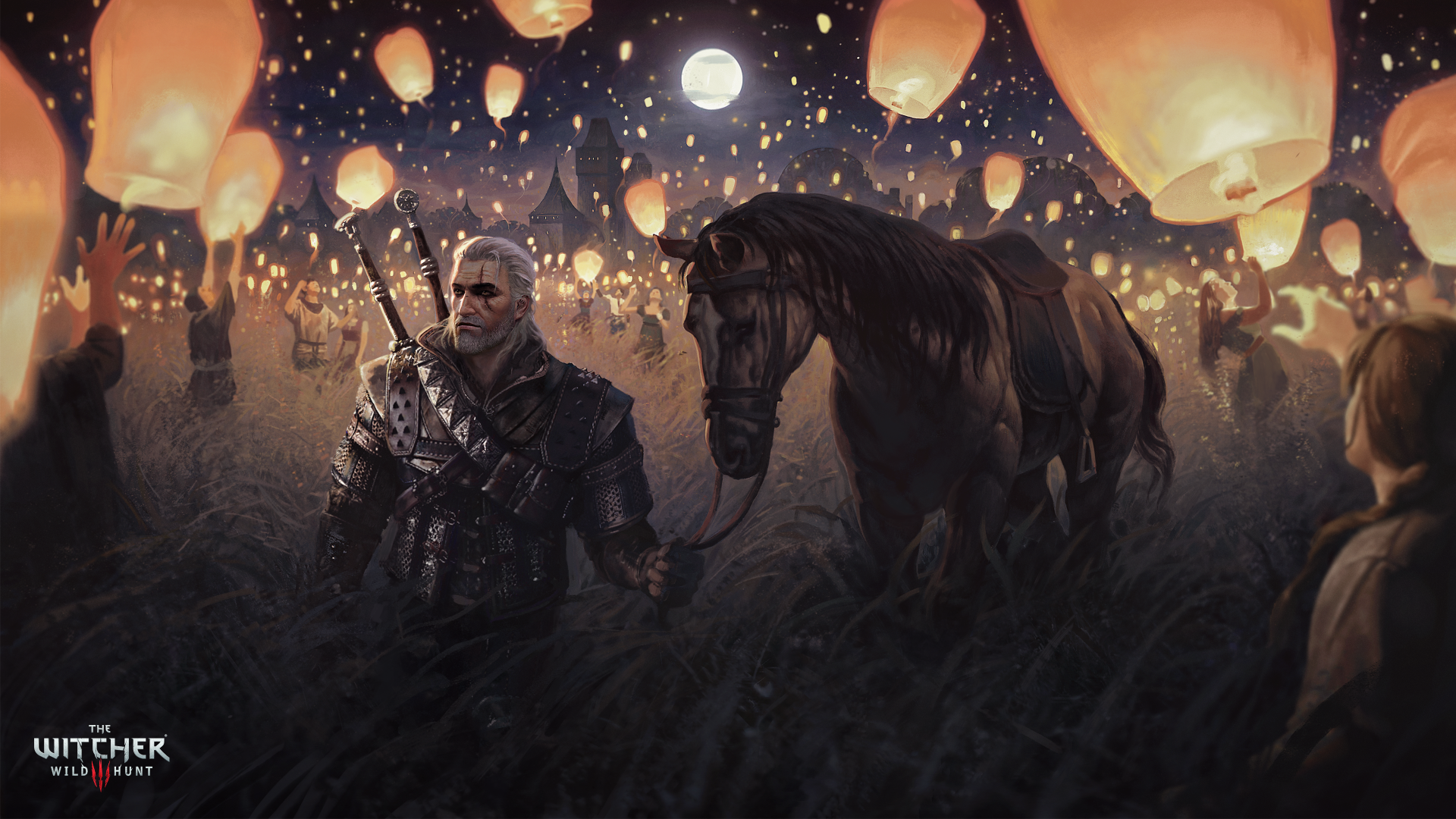 Geralt of Rivia stands beside Roach, holding a lantern under a sky filled with floating lanterns and a full moon, in a 4K HD scene from The Witcher 3: Wild Hunt.