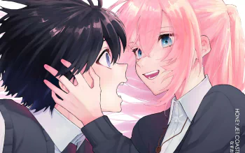 2K Quad HD PC desktop wallpaper of Yuu Izumi and Micchon Shikimori from Shikimori's Not Just a Cutie — anime close-up, pink-haired Shikimori smiling while holding Yuu's face.