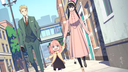 HD desktop wallpaper of Anya Forger, Loid Forger, and Yor Forger from the anime Spy x Family, featuring them walking together in a charming city street scene.