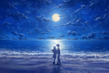 sea moon beach night Anime couple anime couple anime night Anime beach HD Desktop Wallpaper | Background Image