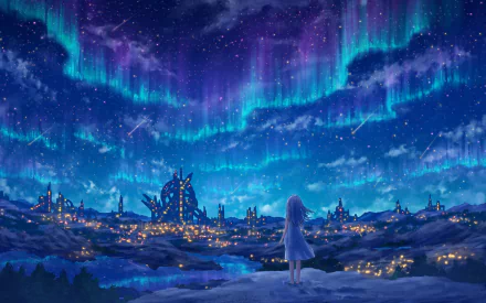 night aurora borealis Anime girl anime girl anime night HD Desktop Wallpaper | Background Image