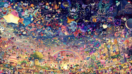 HD desktop wallpaper featuring a colorful, detailed Kirby video game scene with various characters and a vibrant rainbow over a whimsical town.