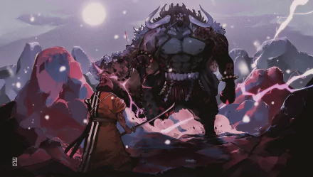 HD anime desktop wallpaper featuring Kin'emon facing off against Kaido from One Piece under a moonlit sky with dramatic lighting and stormy clouds.