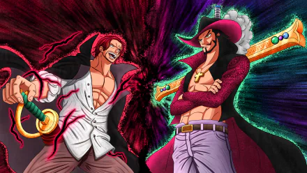 4K Ultra HD anime desktop wallpaper featuring Dracule Mihawk and Shanks from One Piece, showcasing their intense standoff with vivid, dynamic backgrounds.