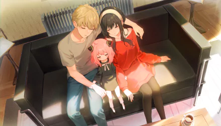 HD PC wallpaper of Yor, Loid, and Anya Forger from the anime Spy x Family, sitting closely together on a black couch in a warm, softly lit room.