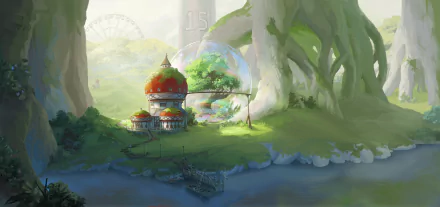 Anime-inspired One Piece scene featuring a serene forest village with vibrant greenery and towering trees, rendered in stunning 8K Ultra HD for PC desktop wallpaper.