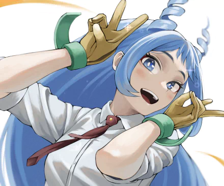 HD PC desktop wallpaper featuring Nejire Hado from My Hero Academia in a dynamic pose with her blue hair and cheerful expression.