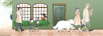 HD PC desktop wallpaper featuring anime characters from Spy x Family, showing a woman walking a large white dog with two children and a witch visible through windows.