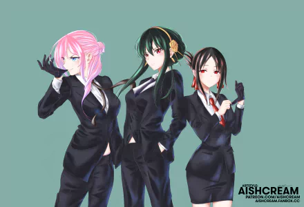 Anime crossover 4K Ultra HD wallpaper featuring Kaguya Shinomiya, Yor Forger, and Micchon Shikimori in sleek black suits against a muted green background.