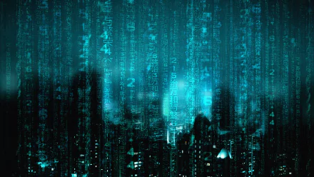 4K Ultra HD PC desktop wallpaper from the movie The Matrix: turquoise cascading code over a shadowy city skyline.