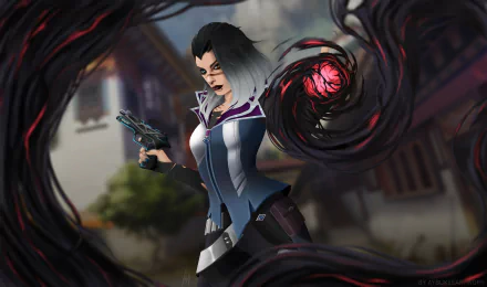 HD PC desktop wallpaper and background of Fade (Valorant) from the video game Valorant: the agent aims a pistol as dark purple-red tendrils and a swirling orb envelop a city street.