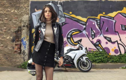  Brunette posing in leather jacket