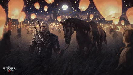 Geralt of Rivia stands beside Roach, holding a lantern under a sky filled with floating lanterns and a full moon, in a 4K HD scene from The Witcher 3: Wild Hunt.