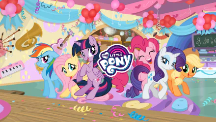 HD PC desktop wallpaper from the TV show My Little Pony: Friendship Is Magic, featuring the six main ponies celebrating in a colorful party scene.