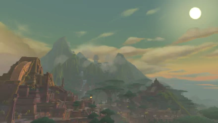 World of Warcraft landscape at dusk: misty jungle valley with ancient stone ruins and distant mountains beneath a pale sun — 2K Quad HD PC desktop wallpaper background.