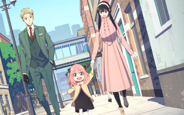HD desktop wallpaper of Anya Forger, Loid Forger, and Yor Forger from the anime Spy x Family, featuring them walking together in a charming city street scene.