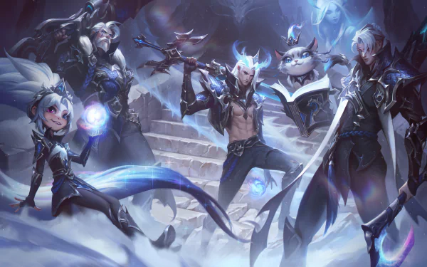 HD League of Legends PC wallpaper featuring champions Aphelios, Graves, Viego, Yuumi, and Zoe in a dark, mystical setting.