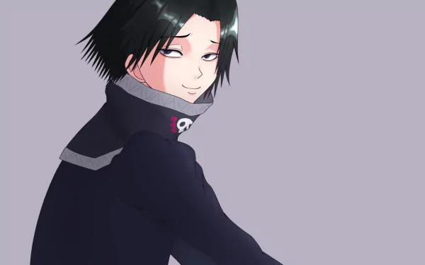 Feitan Portor (Hunter x Hunter) anime HD PC desktop wallpaper: smirking figure in a dark coat with a skull collar against a soft lavender background.