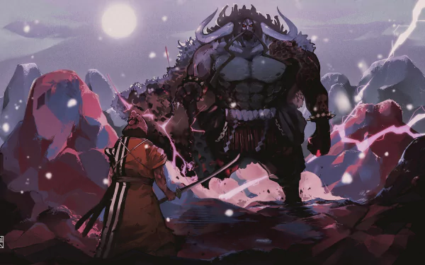 HD anime desktop wallpaper featuring Kin'emon facing off against Kaido from One Piece under a moonlit sky with dramatic lighting and stormy clouds.