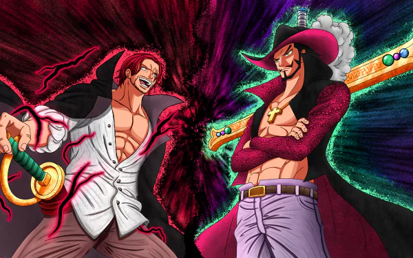 4K Ultra HD anime desktop wallpaper featuring Dracule Mihawk and Shanks from One Piece, showcasing their intense standoff with vivid, dynamic backgrounds.