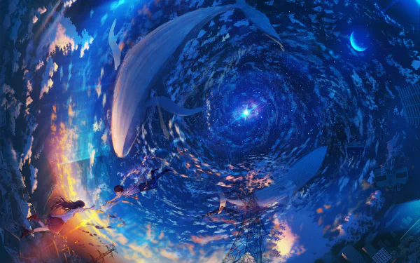 Anime-style 4K Ultra HD PC wallpaper featuring a surreal scene of whales swimming through a swirling sky under a crescent moon.
