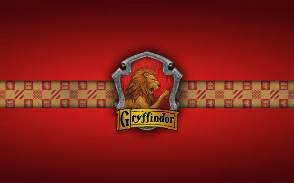 HD Harry Potter Gryffindor desktop wallpaper featuring the house crest with a lion emblem on a red and gold checkered background.