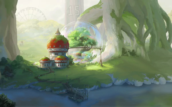 Anime-inspired One Piece scene featuring a serene forest village with vibrant greenery and towering trees, rendered in stunning 8K Ultra HD for PC desktop wallpaper.