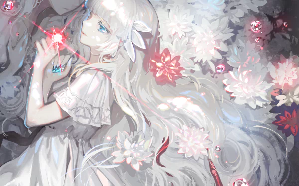 Lily (Ender Lilies) — video game character from ENDER LILIES: Quietus of the Knights. Ethereal portrait: silver hair, blue eyes, white and red flowers; 2K Quad HD PC desktop wallpaper/background.