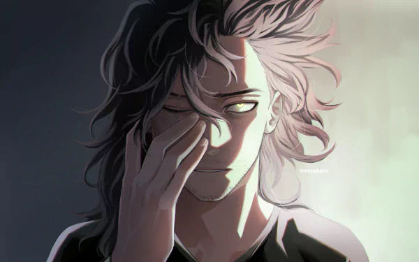 HD PC desktop wallpaper of Shota Aizawa (My Hero Academia) anime portrait — half-lit, tousled hair, tired yellow eyes, hand raised to his face.