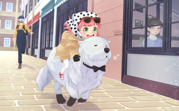 Anya Forger from Spy x Family rides Bond, a large white dog, down a sunlit city street — anime 4K Ultra HD PC desktop wallpaper/background.