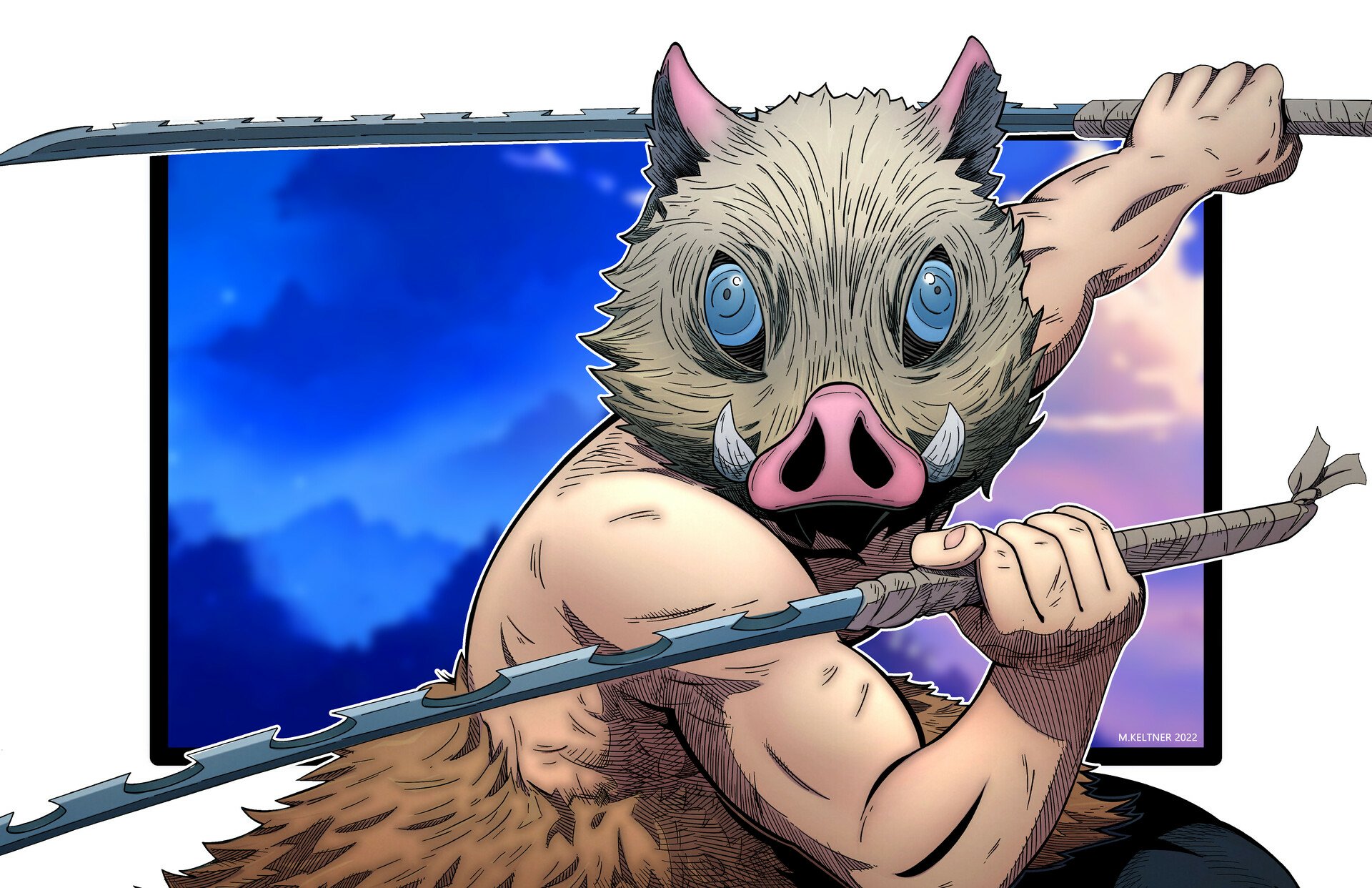 HD PC desktop wallpaper featuring Inosuke Hashibira from the anime Demon Slayer: Kimetsu no Yaiba, wielding dual swords with intense expression.