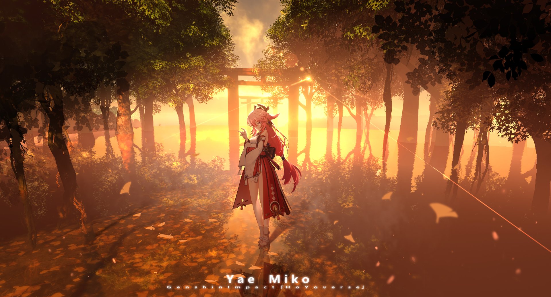 HD PC desktop wallpaper featuring Yae Miko Guuji from the video game Genshin Impact, standing in a sunlit forest with warm, golden tones.