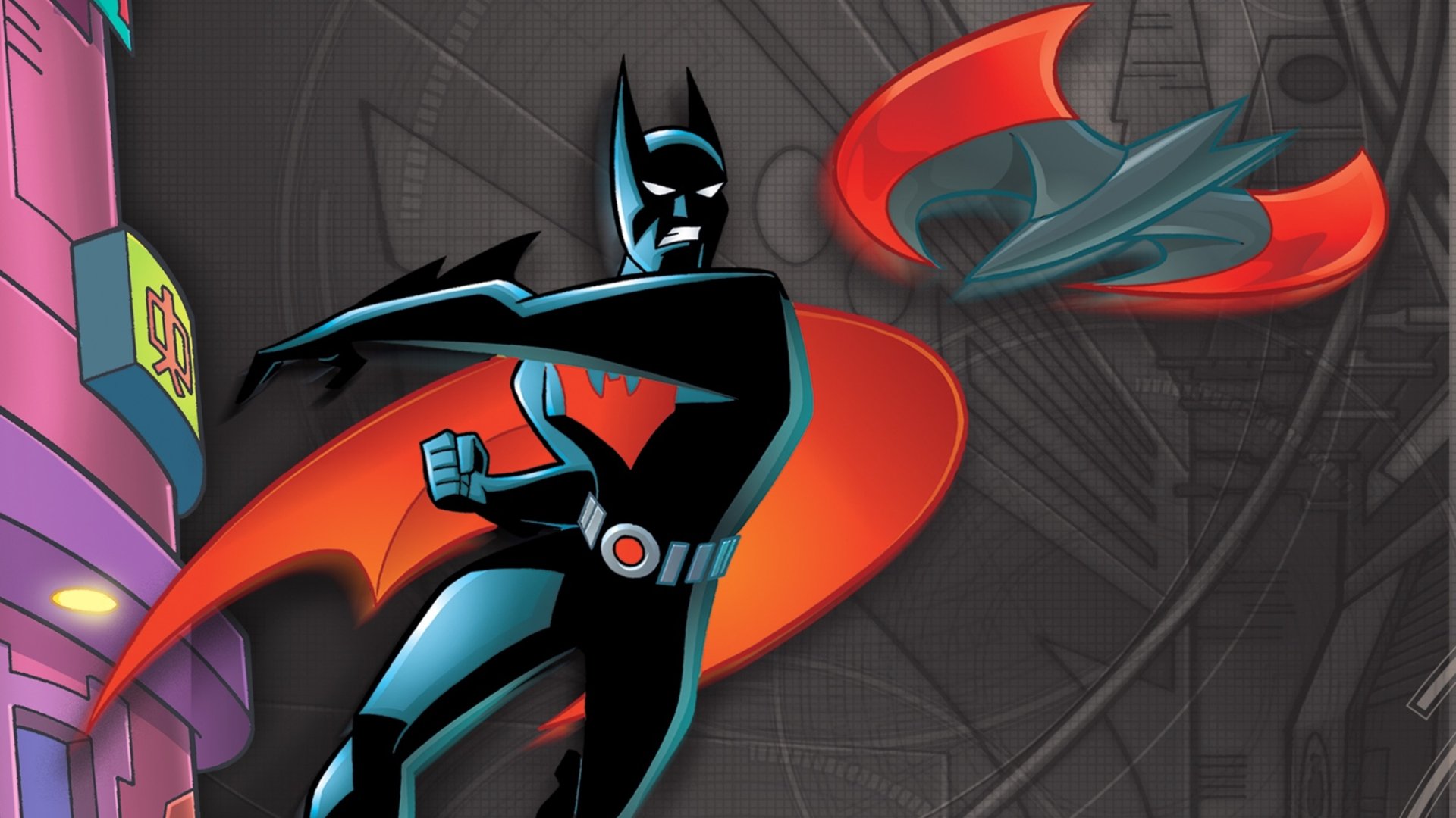Terry McGinnis as Batman Beyond in a sleek black-and-red Batsuit posed against a neon futuristic cityscape — HD PC desktop wallpaper from the Batman Beyond TV show.