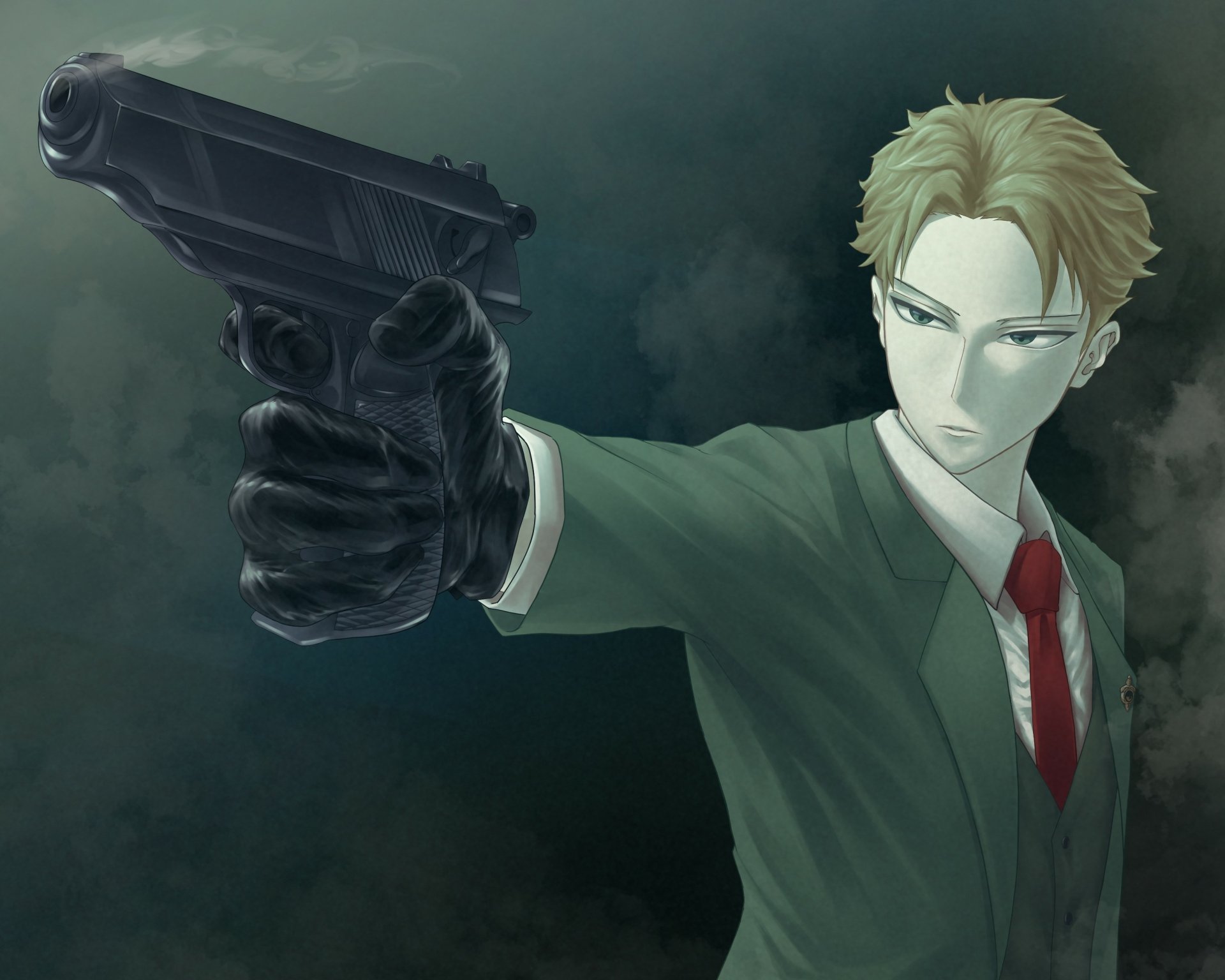 Loid Forger (Spy x Family) in anime style, aiming a handgun with a focused stare against a smoky dark backdrop — 2K Quad HD PC desktop wallpaper/background.