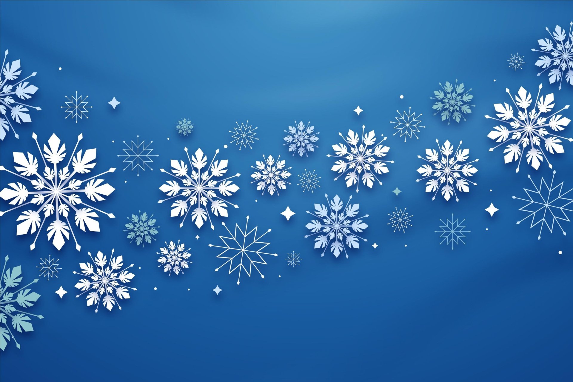 Artistic snowflake pattern on a smooth blue gradient, white and icy-blue flakes drifting across a 2K Quad HD PC desktop wallpaper background.