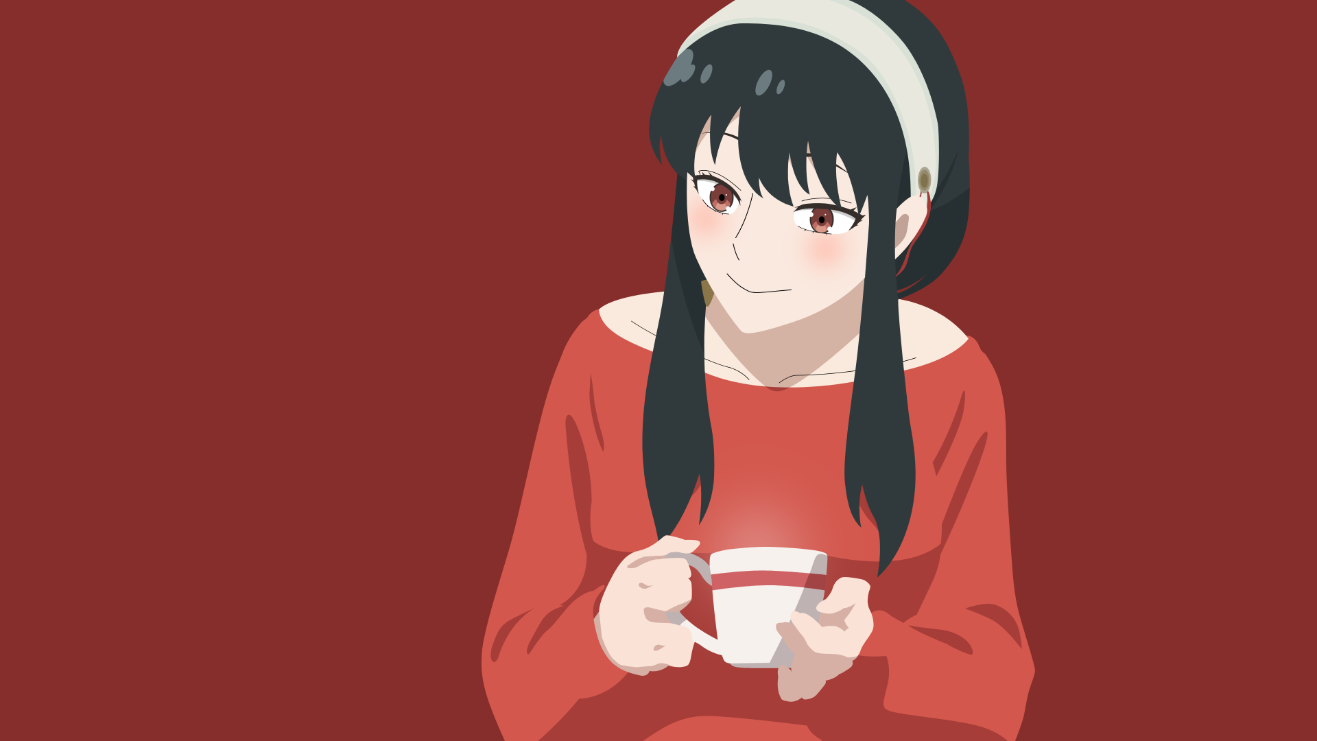 Yor Forger from Spy x Family — anime 4K Ultra HD PC desktop wallpaper: she holds a cup, wearing a red sweater and headband against a deep red background.