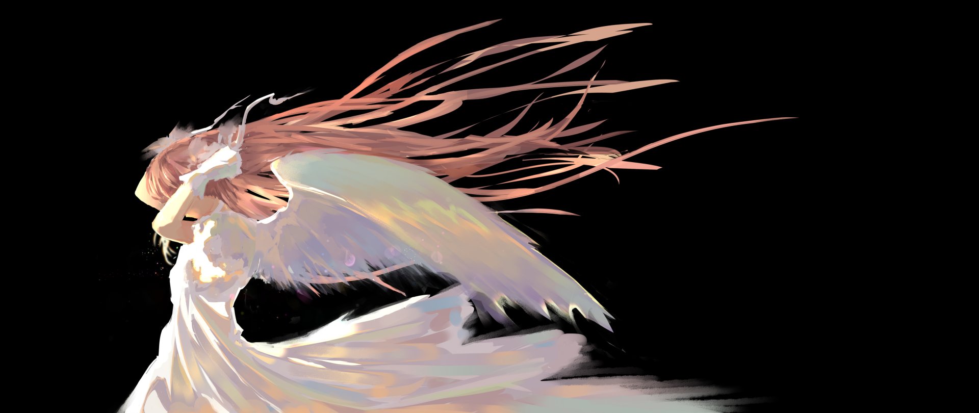 Ultimate Madoka (Madoka Kaname) — Puella Magi Madoka Magica anime: flowing hair and luminous angelic wings on a black background. 2K Quad HD PC desktop wallpaper.