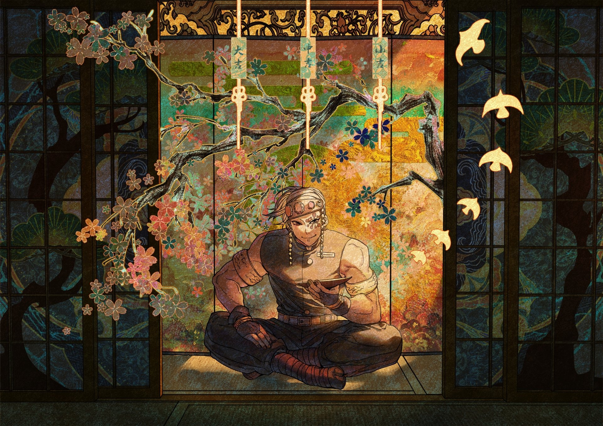 4K Ultra HD anime wallpaper featuring Tengen Uzui from Demon Slayer: Kimetsu no Yaiba, seated in a serene, intricately decorated setting with vibrant, detailed artwork.