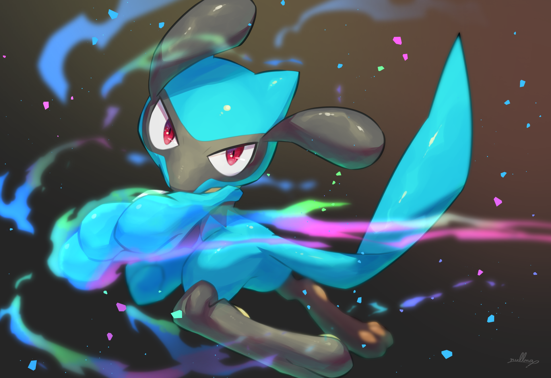 2K Quad HD PC wallpaper of Riolu (Pokémon video game) in a dynamic battle pose, glowing blue aura and streaks of light against a dark, confetti-speckled background.