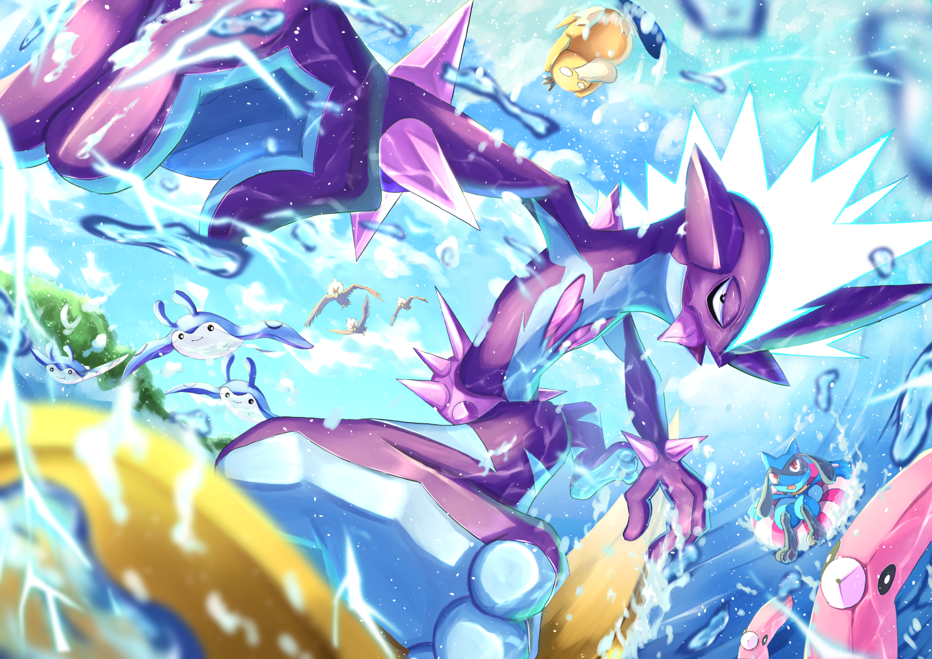 HD desktop wallpaper showcasing dynamic Pokémon from Pokémon: Sword and Shield in an action-packed, vibrant battle scene.
