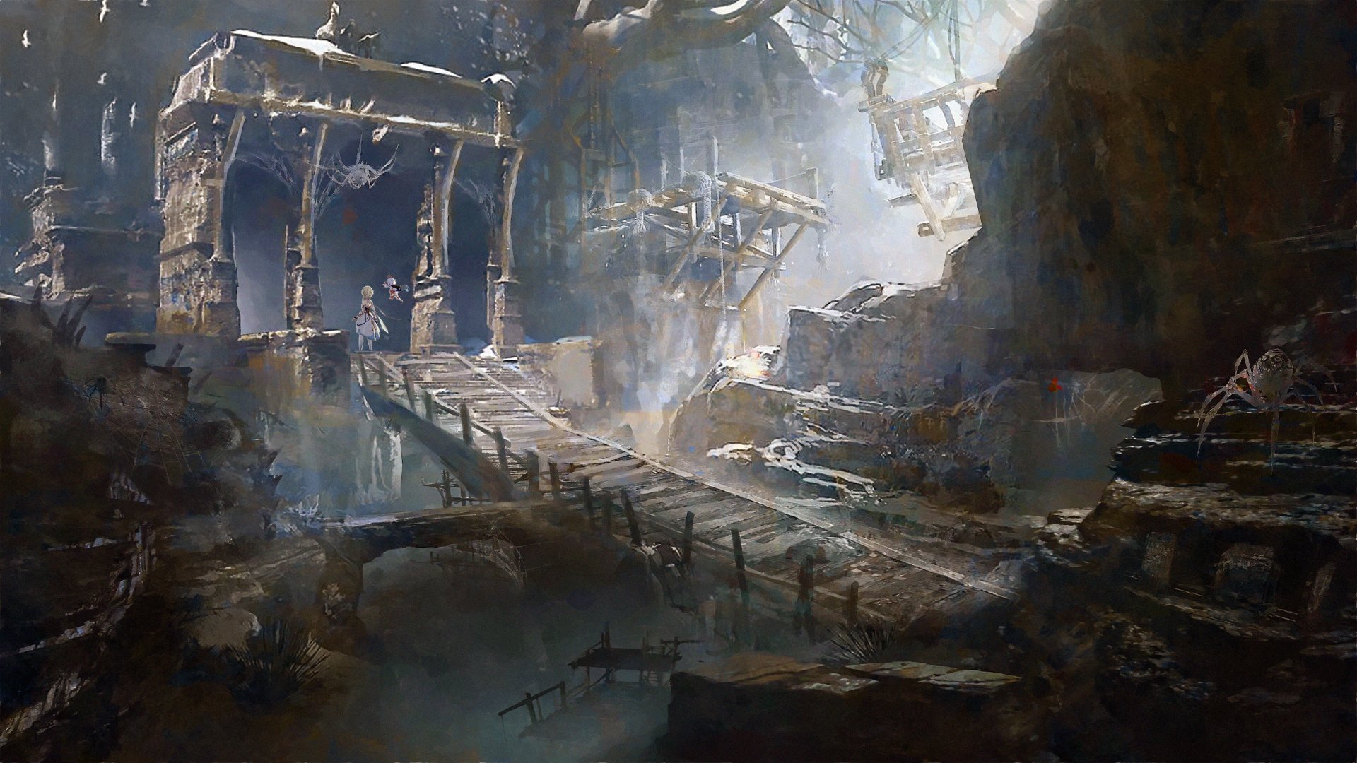 4K Ultra HD Genshin Impact wallpaper featuring Paimon and Lumine amidst an ancient, crumbling ruin with atmospheric lighting and detailed textures for PC desktop.