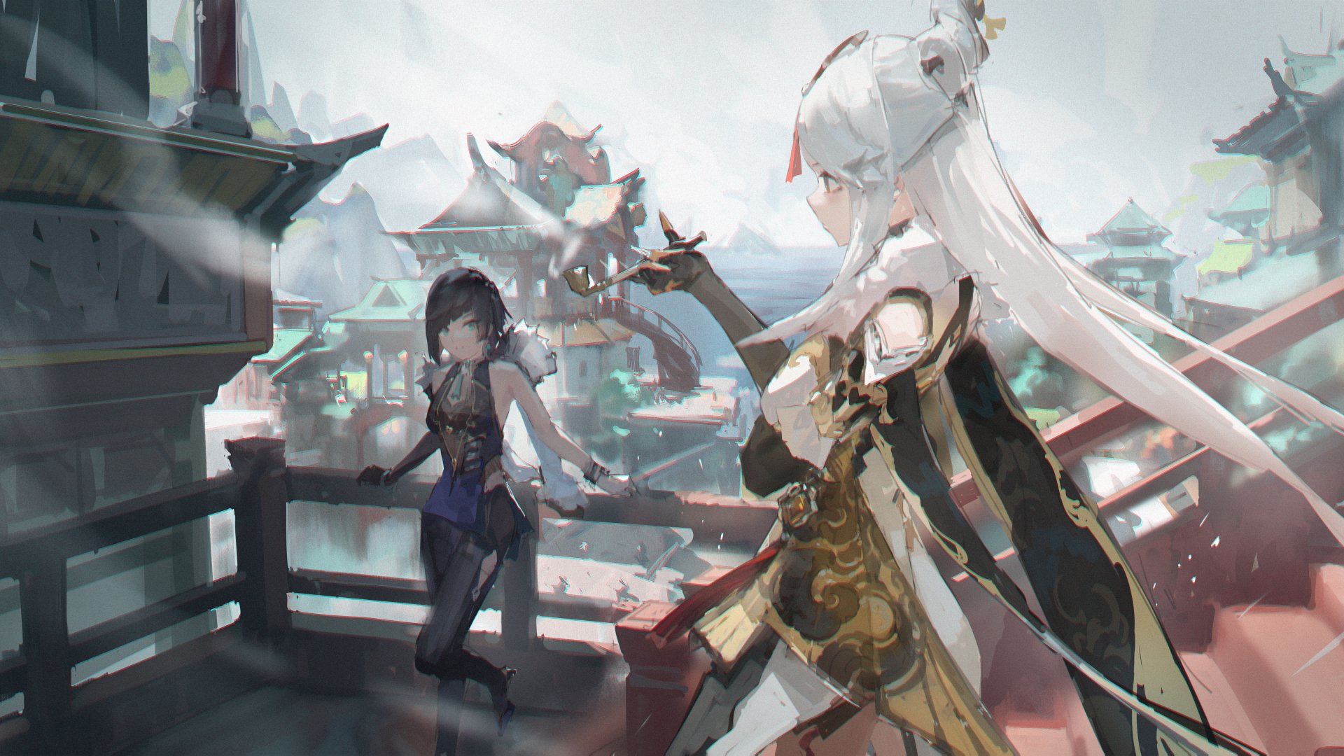 Ningguang and Yelan from the Genshin Impact video game on a Liyue balcony, cinematic 5K Ultra HD PC desktop wallpaper background.