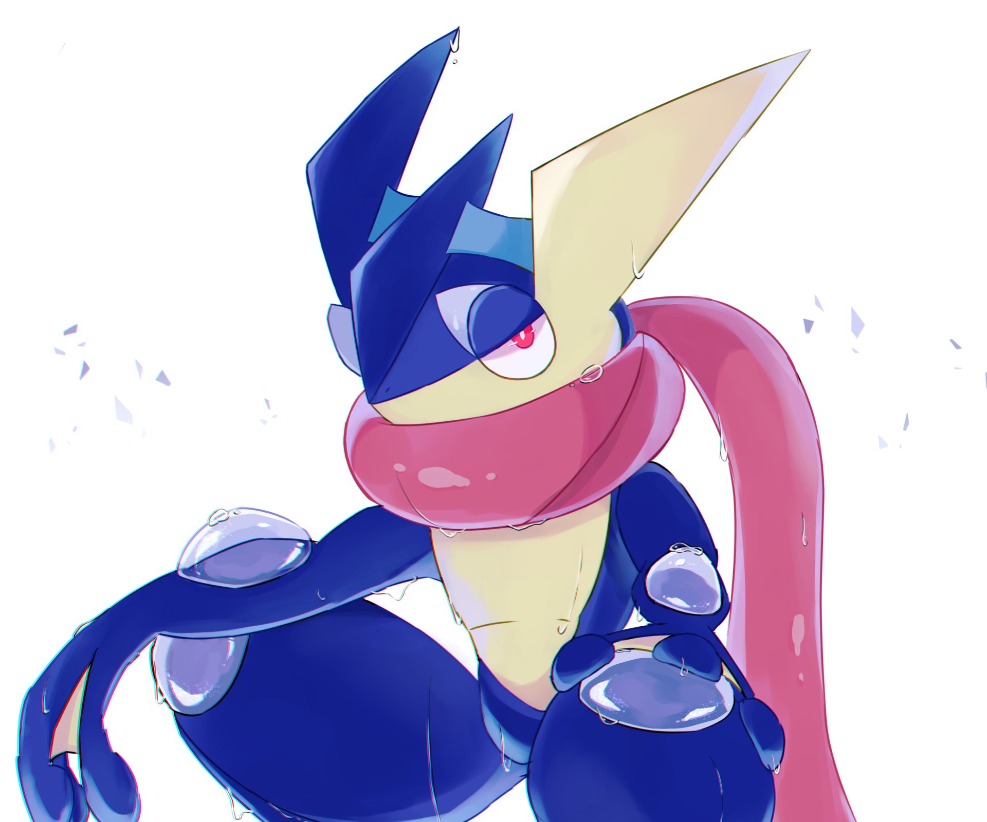 Greninja from Pokémon in stylized art with pink tongue-scarf and water bubbles on a white backdrop — 2K Quad HD PC desktop wallpaper, video game background.