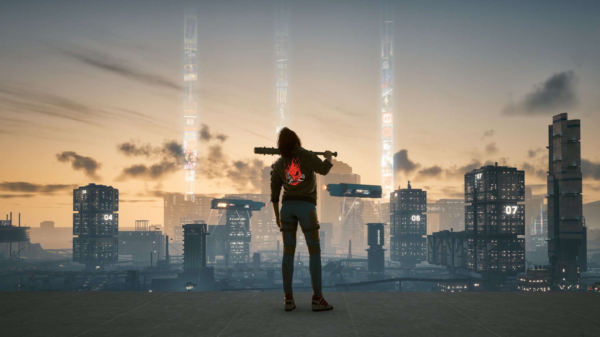 Cyberpunk 2077 video game 4K Ultra HD PC desktop wallpaper and background: silhouetted figure with glowing jacket stands on a rooftop, overlooking a neon-lit futuristic city at sunset.