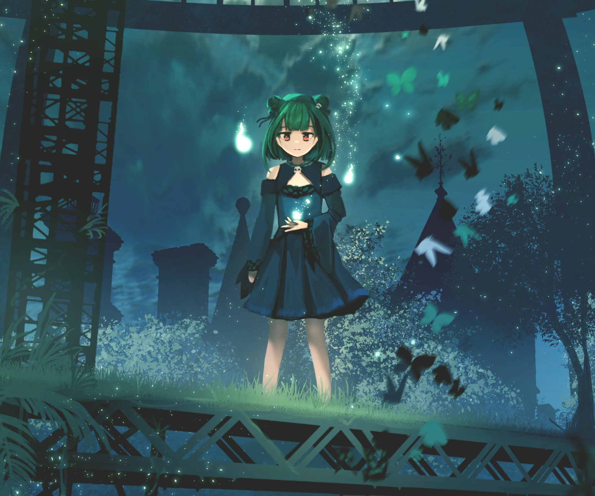 HD PC desktop wallpaper of hololive Vtuber Uruha Rushia in anime style, standing in a glowing teal forest clearing with butterflies and ethereal lights.