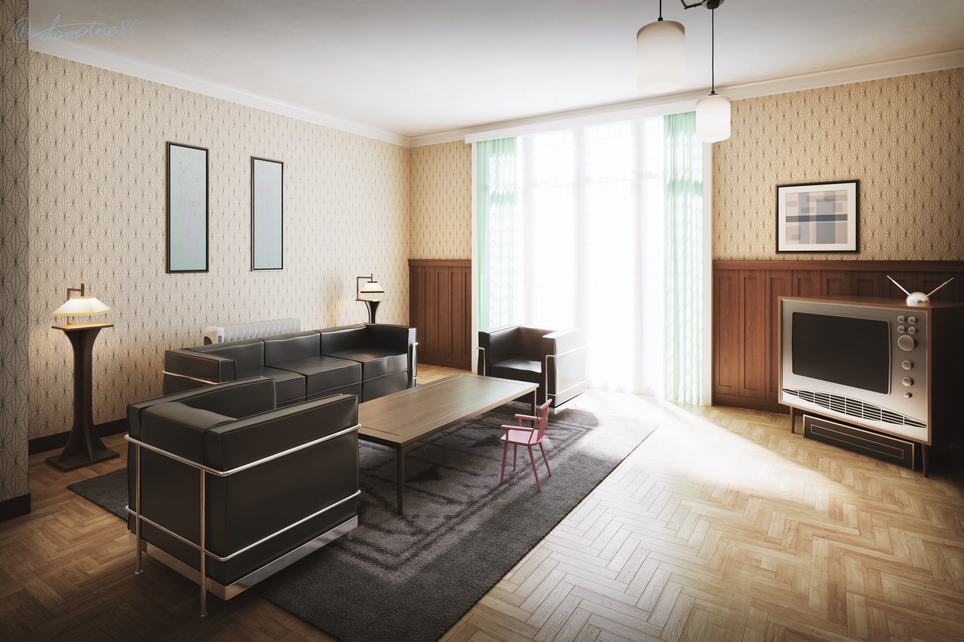 Spy x Family anime 4K Ultra HD PC desktop wallpaper: bright, sunlit living room with black leather sofas, low coffee table, TV console and large window casting soft light.